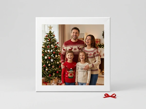 Square canvas with a white edge of a family of four in festive sweaters beside a Christmas tree