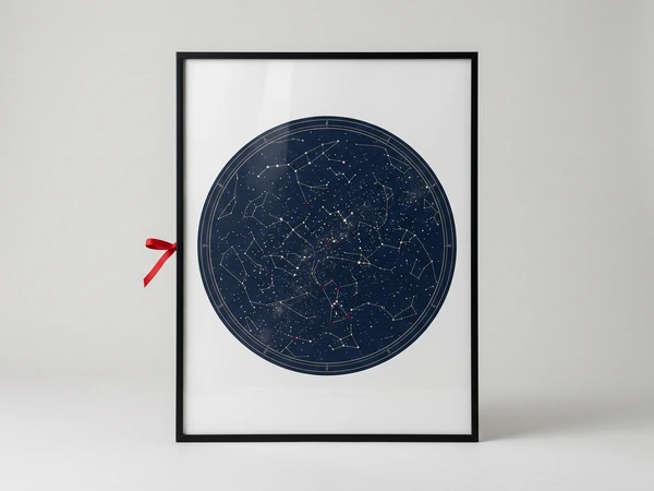 Black framed star map with a round constellation chart on navy
