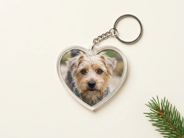 Heart photo keychain with a photo of a dog