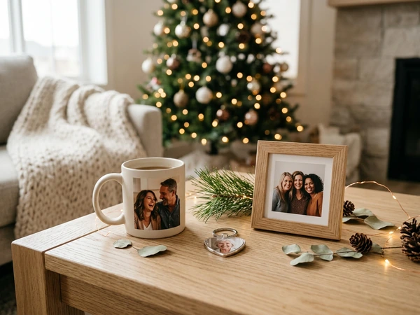 Stocking stuffers for adults including a photo mug and a framed photo