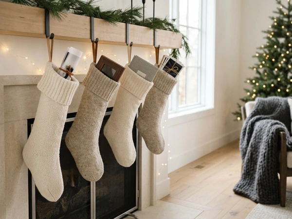 Several Christmas stockings hung above a fireplace