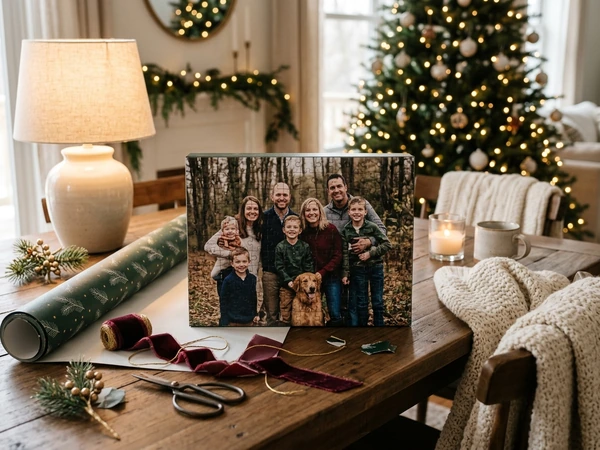 Family photo print unwrapped on a table at Christmas