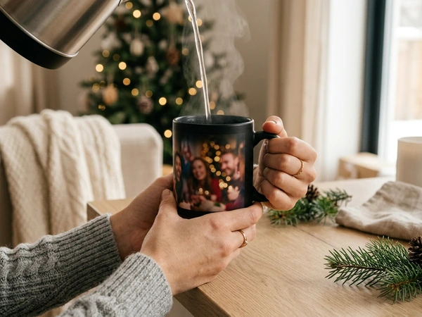 Hot water poured into a magic photo mug
