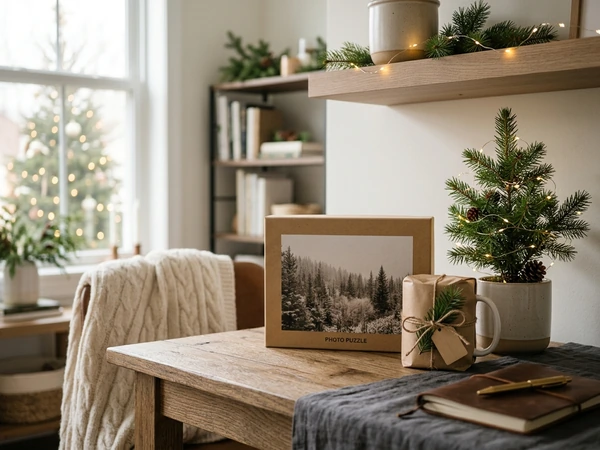 Wrapped photo gifts on an office table at Christmas