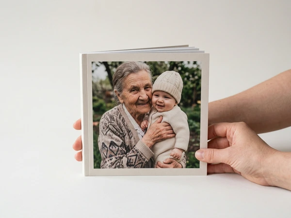 Photo book with a grandmother holding a baby on the cover