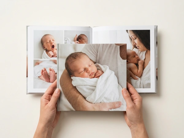 Open baby photo book with newborn photos