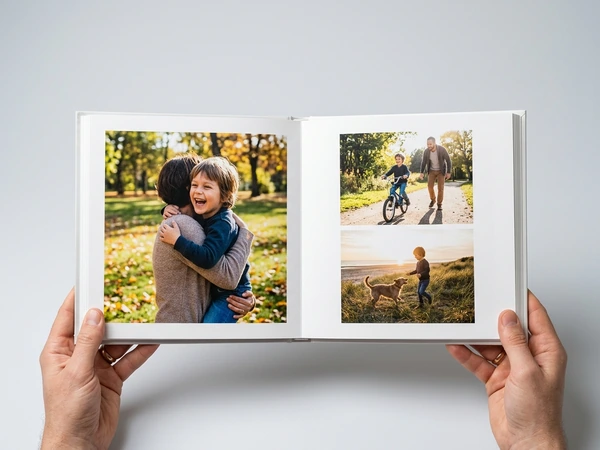 Open family photo album with photos of a child playing outdoors