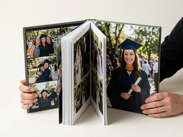 Hardcover graduation photo book standing open on ceremony photos