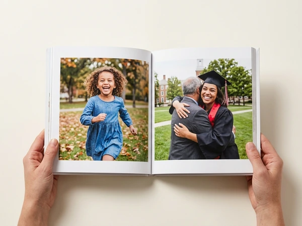 Open graduation photo book with a childhood photo beside a graduation hug