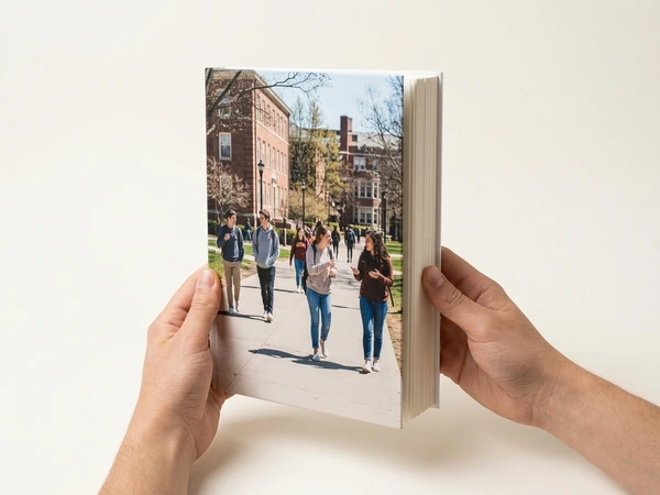 Photo book with a campus photo of students on the cover