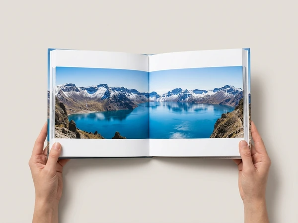 Hardcover photo book open on a mountain landscape spread