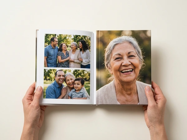Open memorial photo book with family photos and a portrait of an older woman