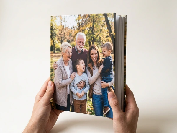 Hardcover memorial photo book with a three-generation family photo on the cover