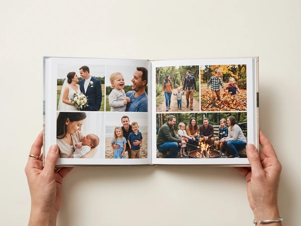Open memorial photo book with photos from different decades across a spread