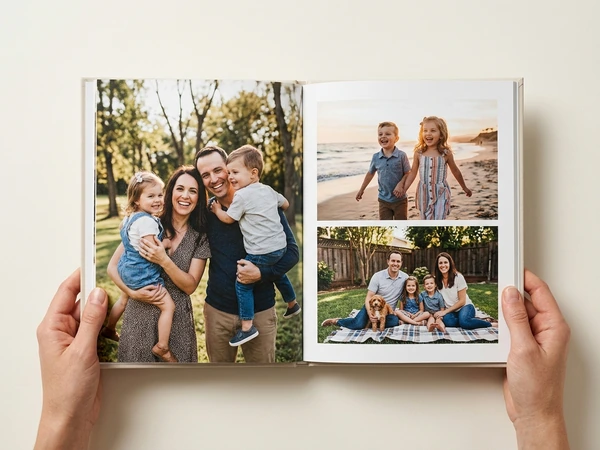 Open memory book with family photos on both pages
