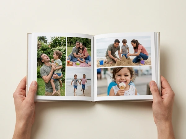 Open memory book with summer family photos across a spread