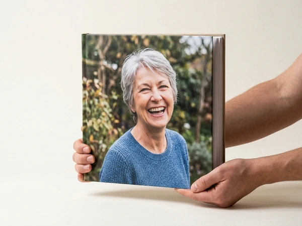 Hardcover memory book with a portrait of a smiling older woman on the cover