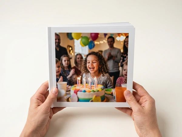 Memory book with a child birthday party photo on the cover