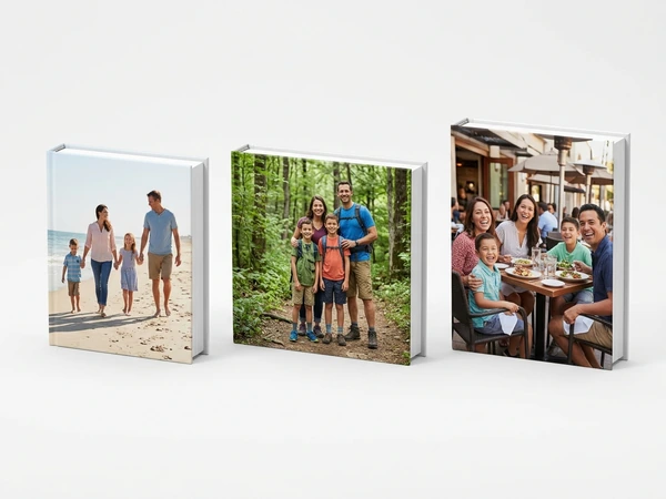 Three hardcover photo books standing side by side, each with a family photo on the cover