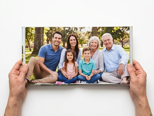 Hands holding a photo book open on a two-page family portrait