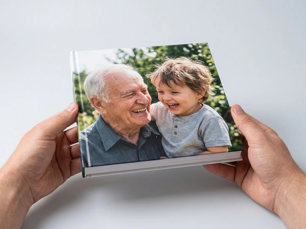 Hardcover photo album book with a grandfather and grandchild on the cover