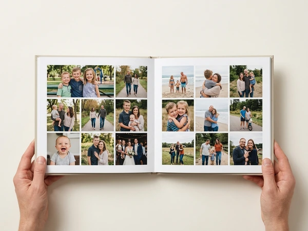 Open photo album book with a grid of family photos across both pages
