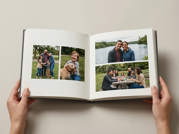 Open photo album book with family photographs printed across a spread