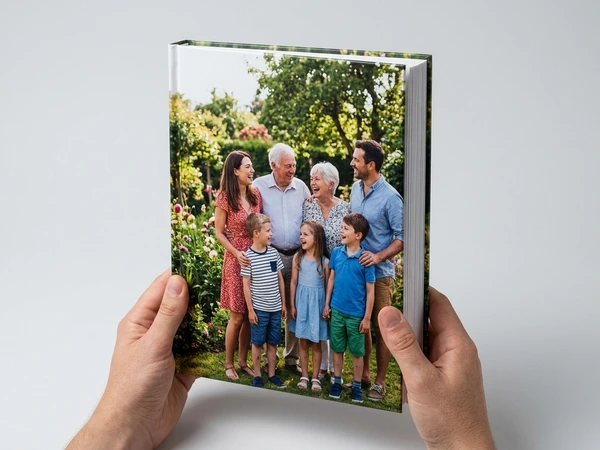 Hardcover photo album book with a three-generation family photo on the cover