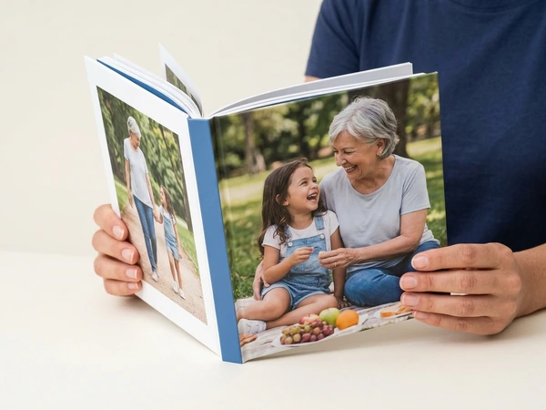6x8 hardcover photo book open on a family picnic photo