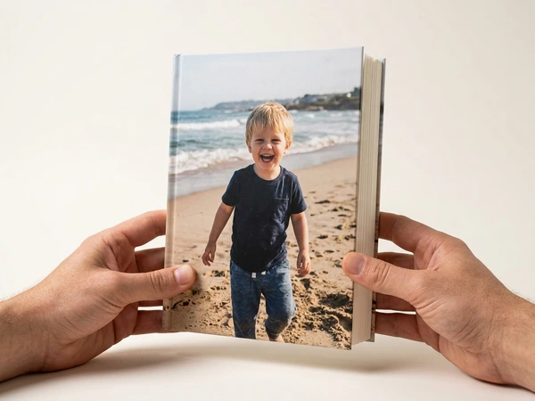 6x8 softcover photo book with a beach photo on its flexible cover