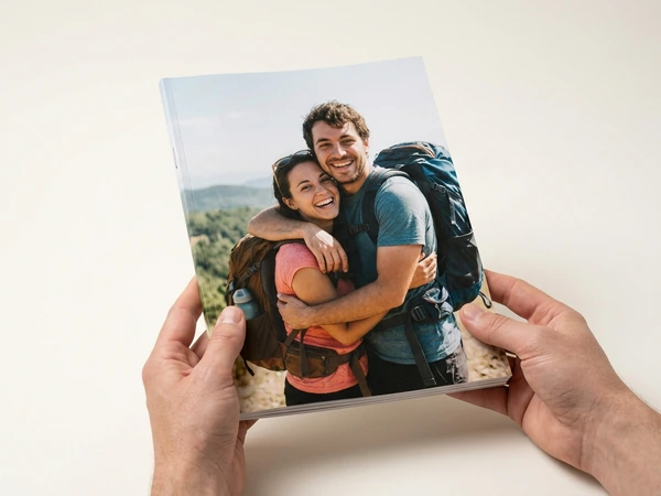 8x11 booklet photo book with a hiking couple on the cover