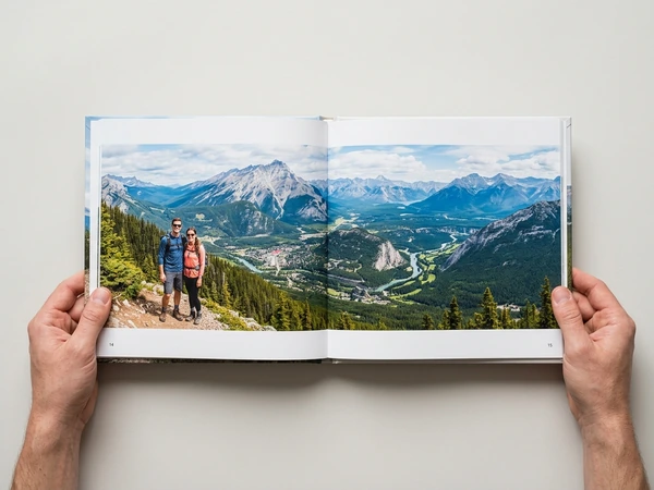 8x11 hardcover photo book on real photographic paper, open flat on a mountain panorama