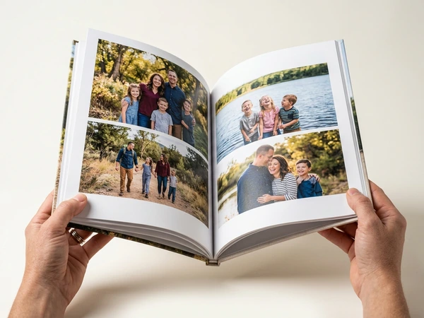 8x11 hardcover photo book open on a spread of family photos