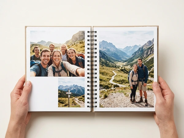 8x11 ring binder photo book open on a spread of hiking photos