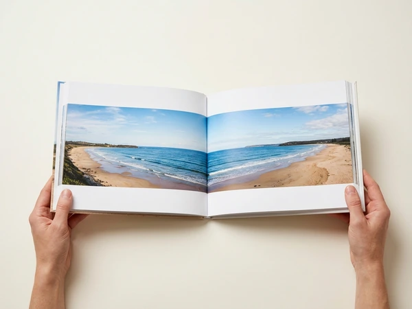 8x11 softcover photo book on real photographic paper, open flat on a beach panorama