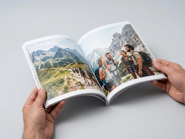 8x11 softcover photo book open on a spread of mountain photos