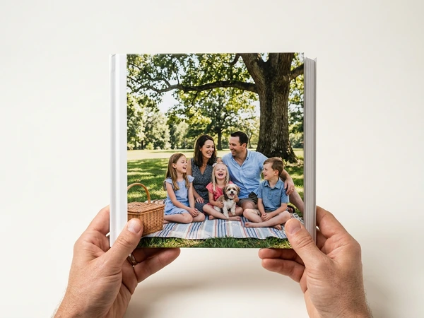 Square 8x8 booklet photo book with a family picnic photo on the cover