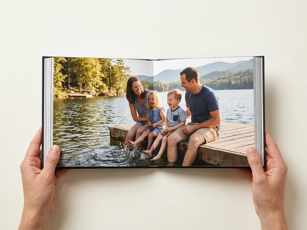 8x8 hardcover photo book on real photographic paper, open flat on a family lakeside photo