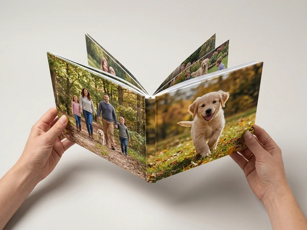 8x8 hardcover photo book open on a photo of a puppy