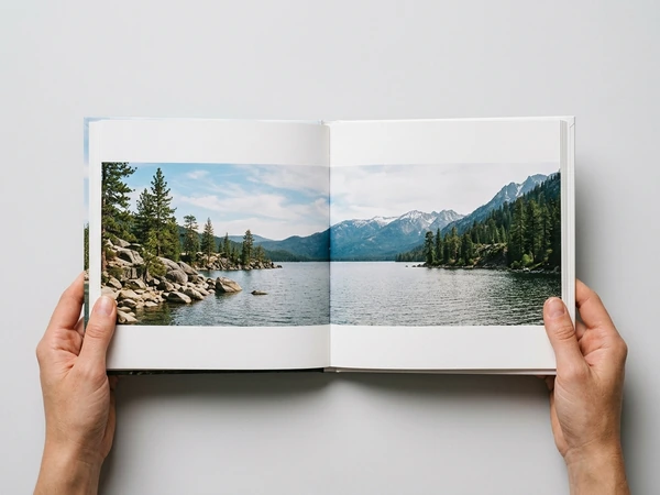 8x8 softcover photo book on real photographic paper, open flat on a lake panorama