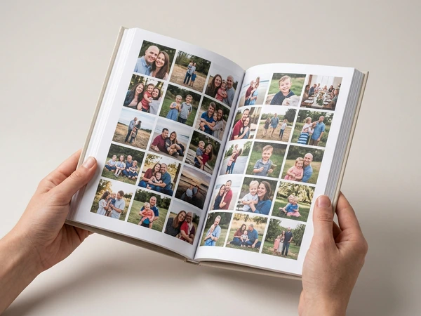 Open softcover photo book with a grid of small family photos