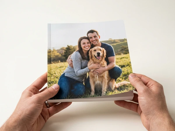 Softcover photo book with a couple and their dog on the cover