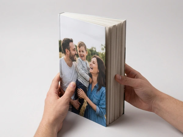 Thick softcover photo book with a family photo on the cover