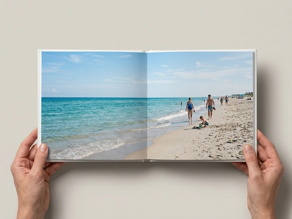 Softcover photo book open flat on a beach panorama