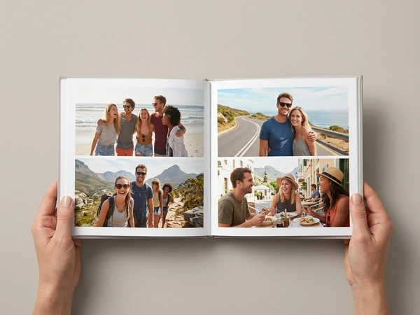Open travel photo book with photos of friends on a road trip