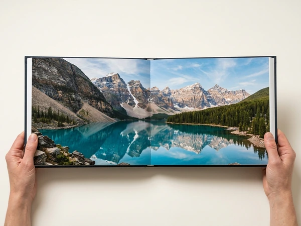 Travel photo book open flat on a mountain lake panorama