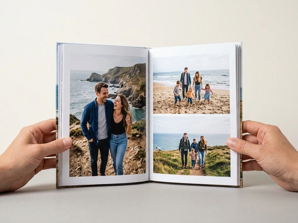 Small travel photo book open on beach and coast photos