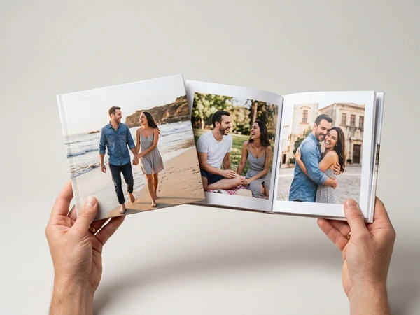 Small photo book open on engagement photos of a couple