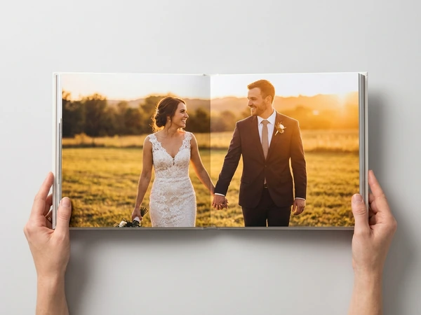 Wedding photo book open flat on a full-spread photo of the couple