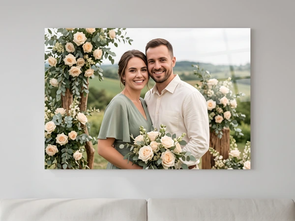 Acrylic print of a couple with a bouquet of peach roses, hung above a white sofa